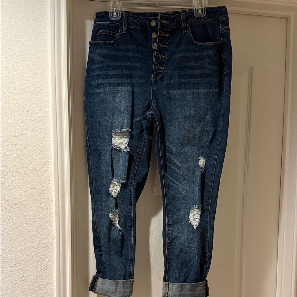 Indigo Rein Dark Blue Distressed Boyfriend Jeans